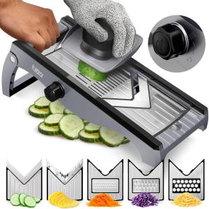 imageFullstar Mandoline Slicer for Kitchen  Stainless Steel Vegetable Cutter ampamp Cheese Grater with Adjustable Blades Safety Glove ampamp Catch Tray Included 7in1 SilverSilver