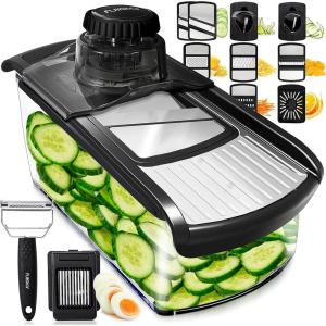 imageFullstar Mandoline Slicer for Kitchen Fruit Cutter Cheese Grater Cucumber Slicer Veggie Spiralizer Food Cutter ampamp Kitchen Gadgets with Safety Glove 6 in 1 WhiteStainless Steel