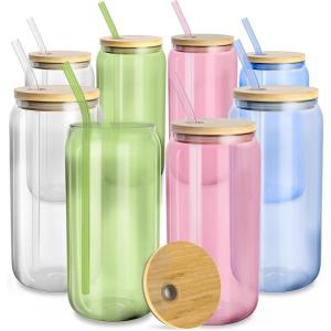 imagefullstar Glass Tumblers with Lids and Straws  Reusable Iced Coffee Cups with Bamboo Lids Multicolor 8 PackMulticolor