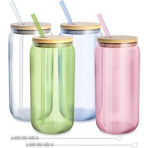 imagefullstar Glass Tumblers with Lids and Straws  Reusable Iced Coffee Cups with Bamboo Lids Multicolor 4 PackMulticolor